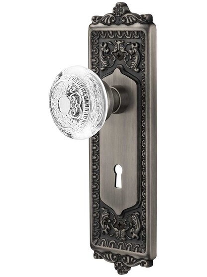 Egg and Dart Door Set with Keyhole and Matching Crystal-Glass Knobs in Antique Pewter.